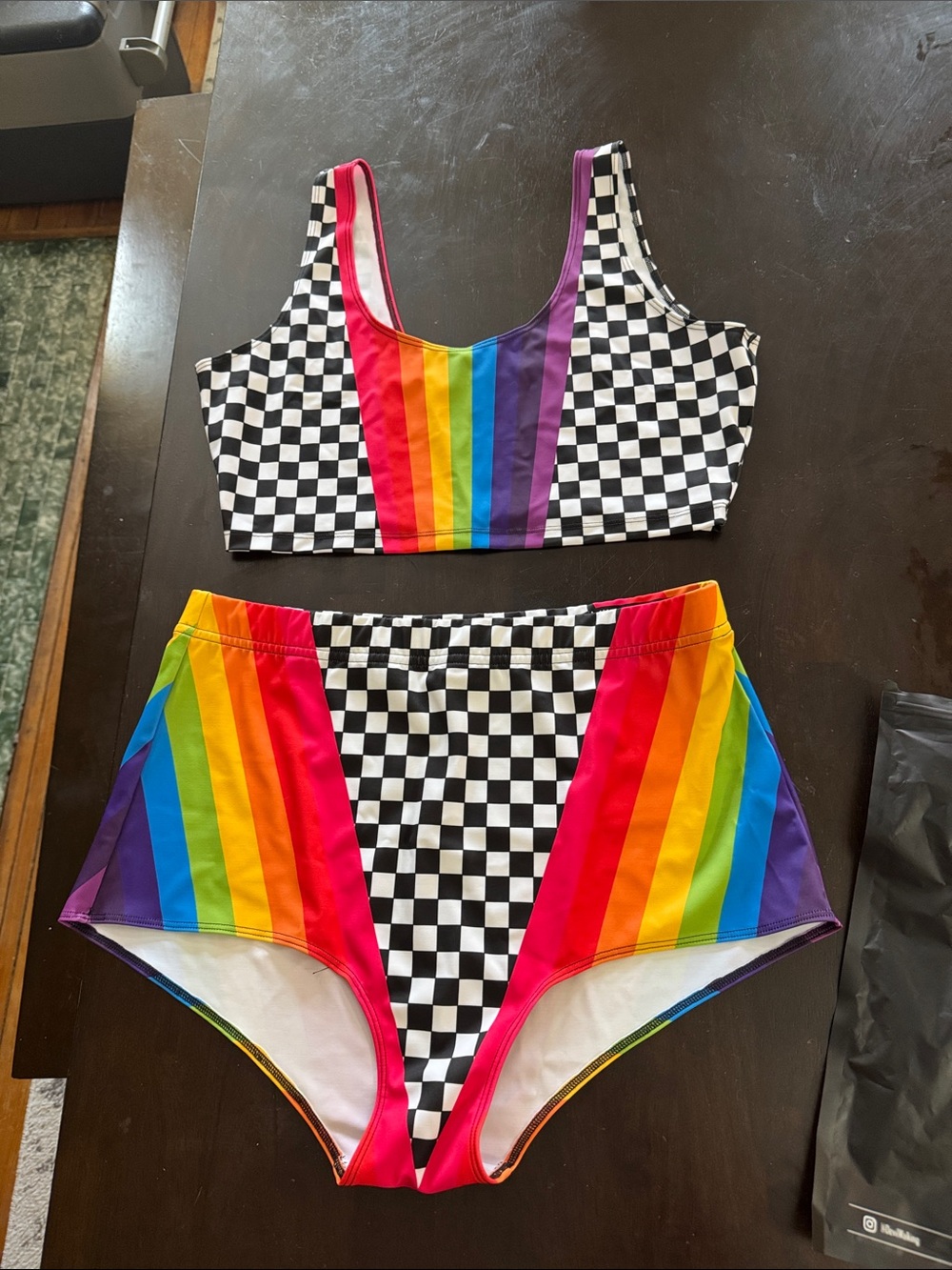 Nwt devil walking RAVE  Rainbow Stripe Checkerboard High-Waist set